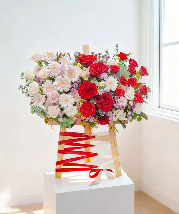 Hoa khai trương để bàn đỏ pastel nhẹ nhàng