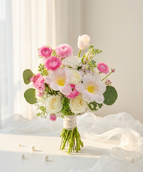 Hoa cưới tulip pastel hồng trắng ngọt ngào
