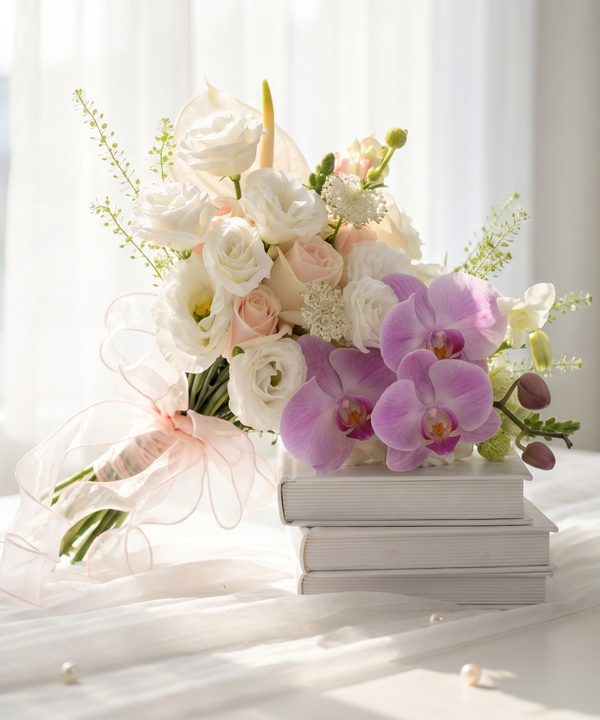 Hoa cưới pastel tím hồng lãng mạn