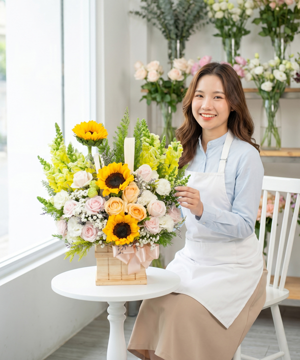Kệ hoa hướng dương và hoa hồng gallery