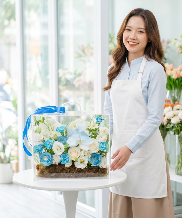 Hộp hoa xanh trắng hiện đại gallery