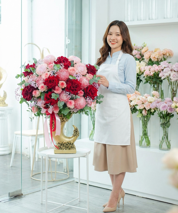 Bình hoa hồng đỏ và pastel sang trọng gallery