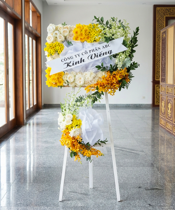Kệ hoa chia buồn vàng trắng trang nghiêm gallery