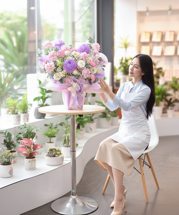 Giỏ hoa sinh nhật tím pastel dịu dàng gallery