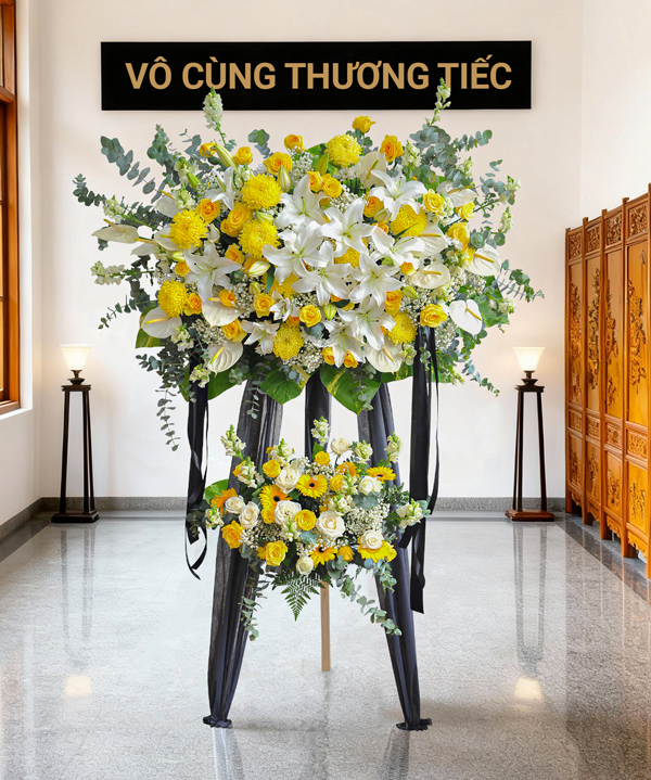 Kệ hoa chia buồn vàng trắng trang trọng gallery