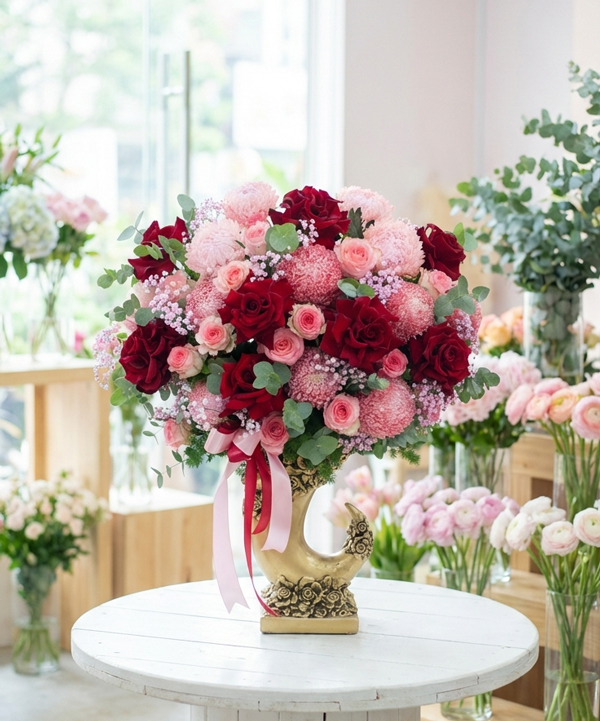 Bình hoa hồng đỏ và pastel sang trọng gallery