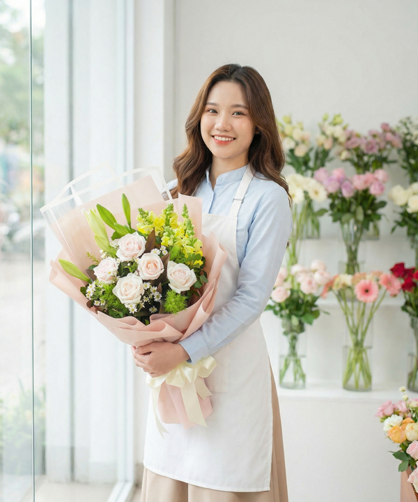 Bó hoa hồng kem và lily thanh lịch gallery