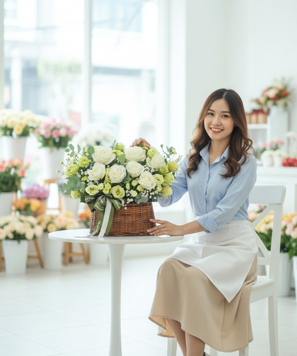 Giỏ hoa hồng trắng thanh lịch gallery