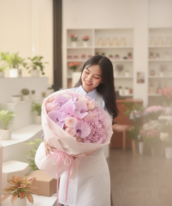 Bó hoa hồng và lan hồ điệp hồng ngọt ngào gallery