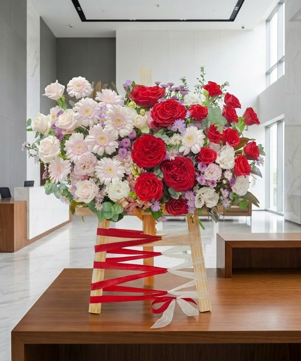 Hoa khai trương để bàn đỏ pastel nhẹ nhàng gallery