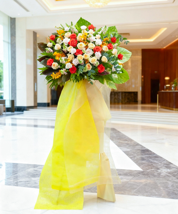 Kệ hoa khai trương vàng đỏ sang trọng gallery