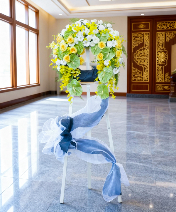 Kệ hoa chia buồn vàng trắng nhẹ nhàng gallery