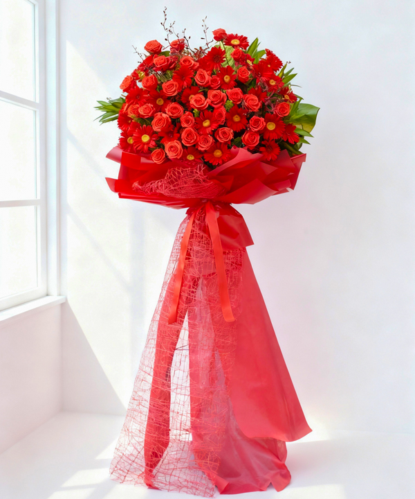 Kệ hoa khai trương đỏ rực may mắn