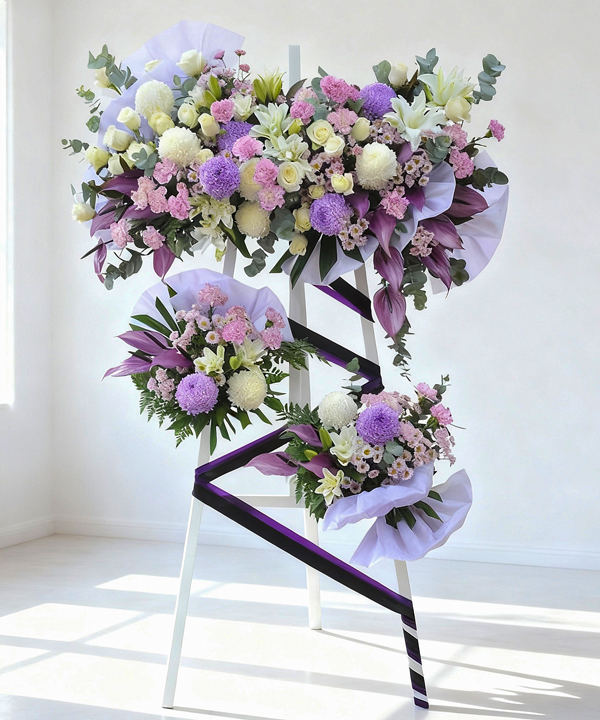 Kệ hoa chia buồn tím trắng hiện đại