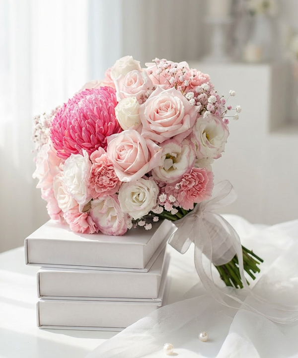Hoa cưới hồng pastel dịu dàng
