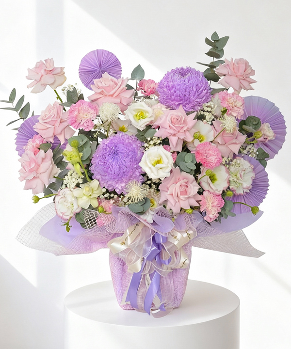 Giỏ hoa sinh nhật tím pastel dịu dàng