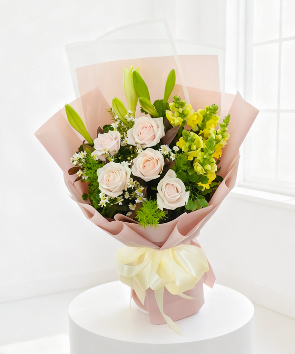 Bó hoa hồng kem và lily thanh lịch